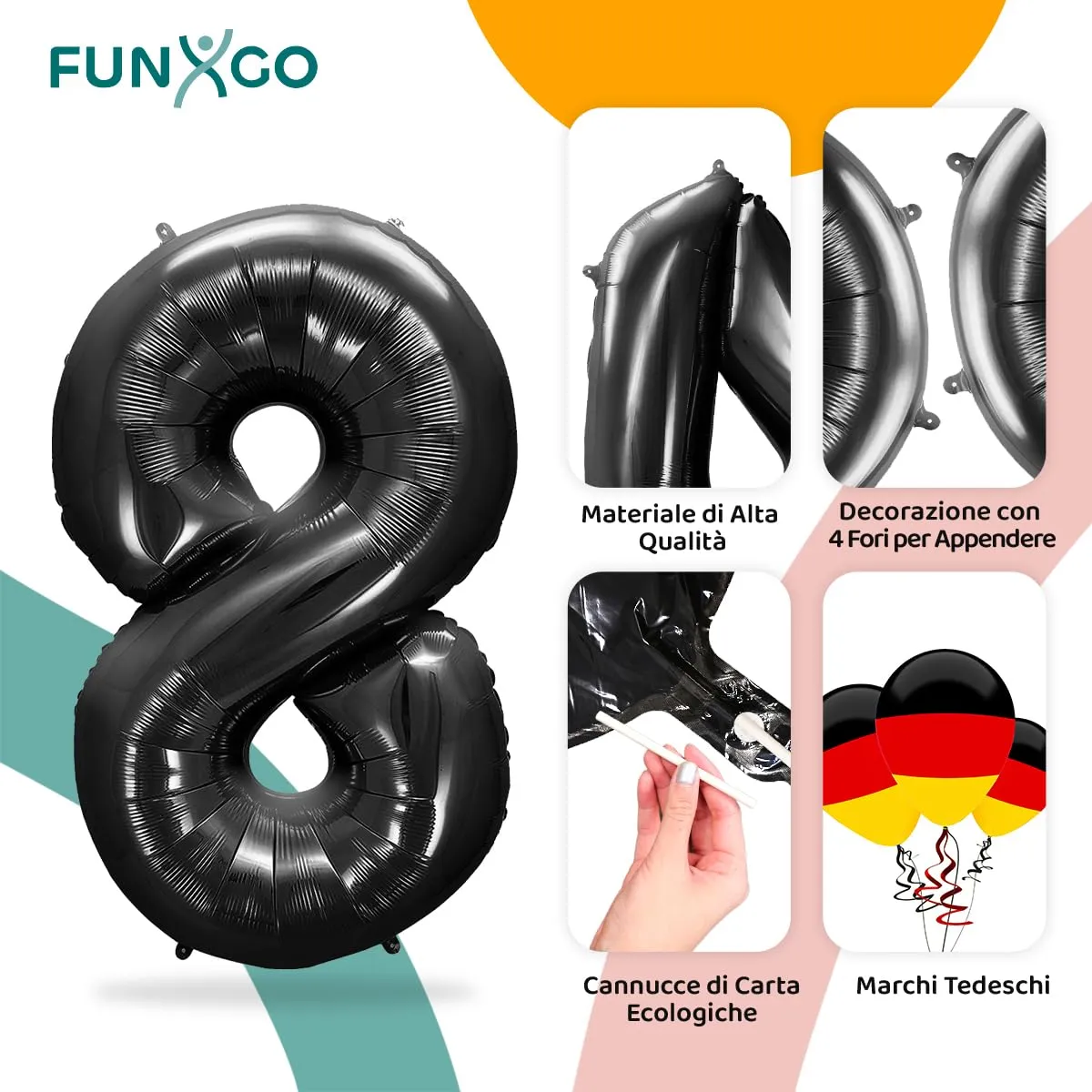 FUNXGO Palloncino Numero 8 Nero per Compleanno - immagine 3
