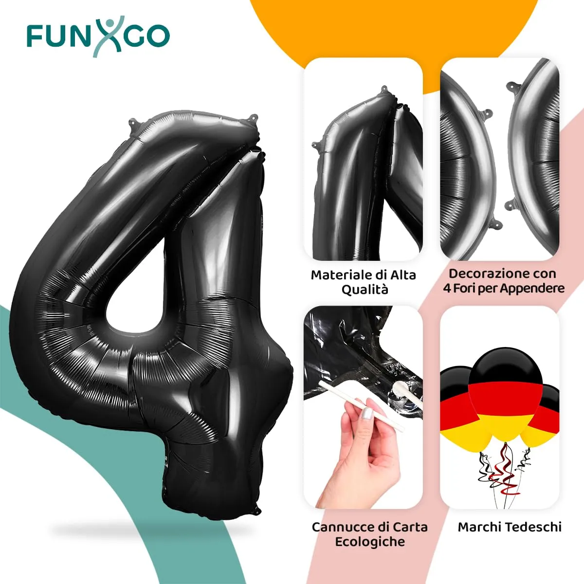 FUNXGO Palloncino Numero 4 Nero per Compleanno - immagine 3