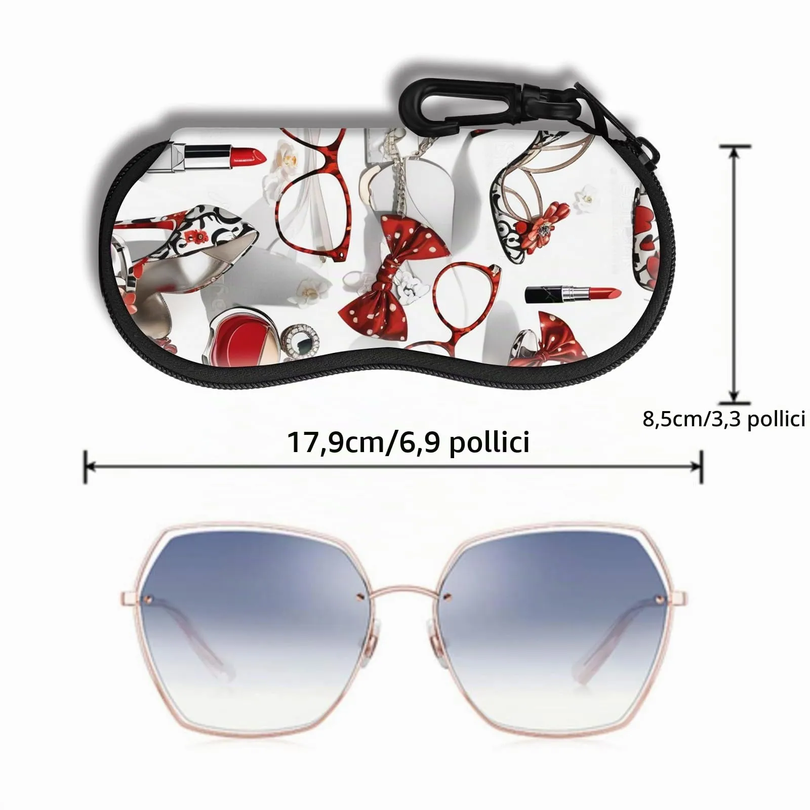 Hion Custodia per occhiali in neoprene con cerniera e clip da cintura, stampata Tacchi alti rossi - immagine 2