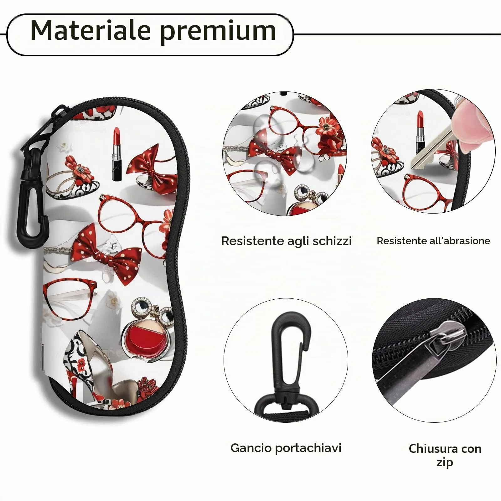 Hion Custodia per occhiali in neoprene con cerniera e clip da cintura, stampata Tacchi alti rossi - immagine 3
