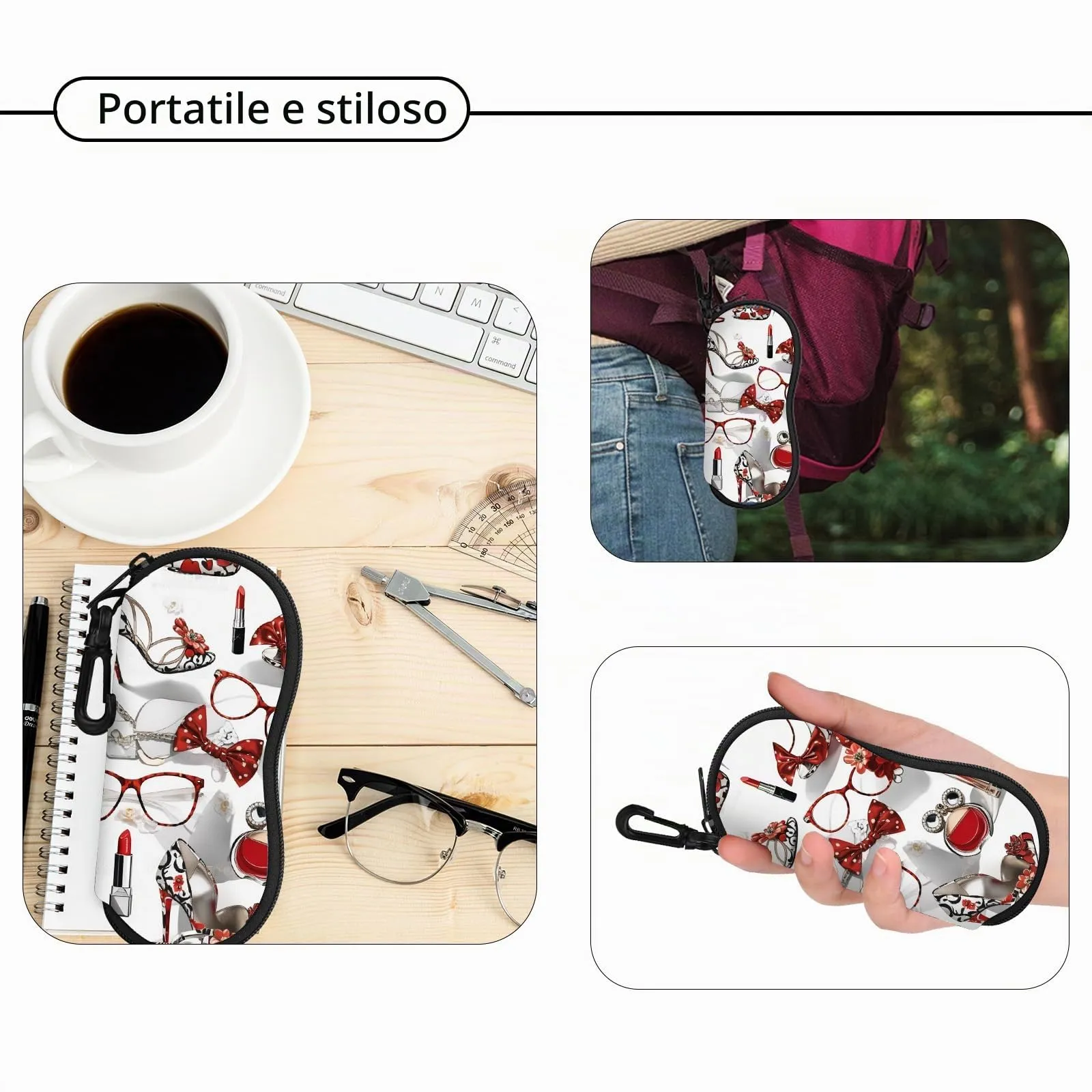 Hion Custodia per occhiali in neoprene con cerniera e clip da cintura, stampata Tacchi alti rossi - immagine 4