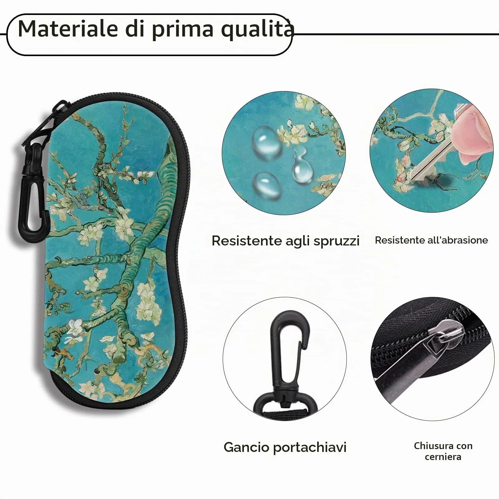 Hion Custodia morbida per occhiali da sole in neoprene con clip da cintura e cerniera, Mandorlo in Fiore - immagine 3