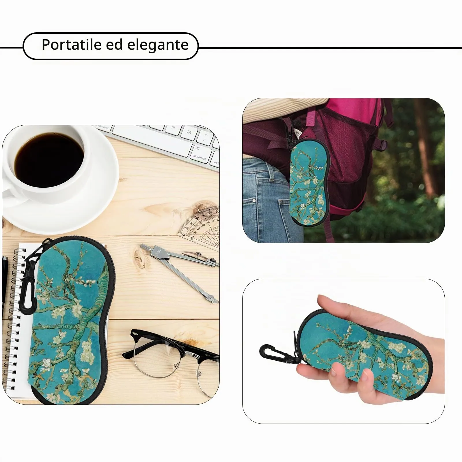 Hion Custodia morbida per occhiali da sole in neoprene con clip da cintura e cerniera, Mandorlo in Fiore - immagine 5