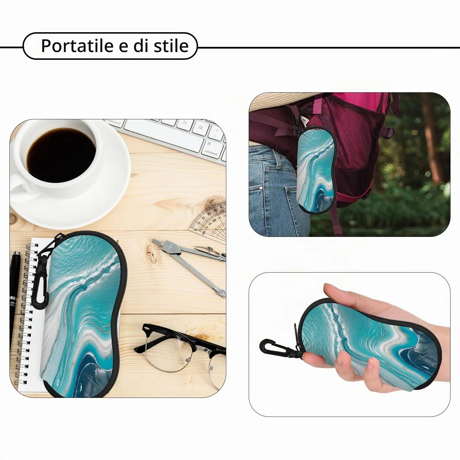 Hion Custodia morbida per occhiali da sole in Neoprene con Cerniera e Clip da Cintura, Stampata (Sabbie mobili) - immagine 5
