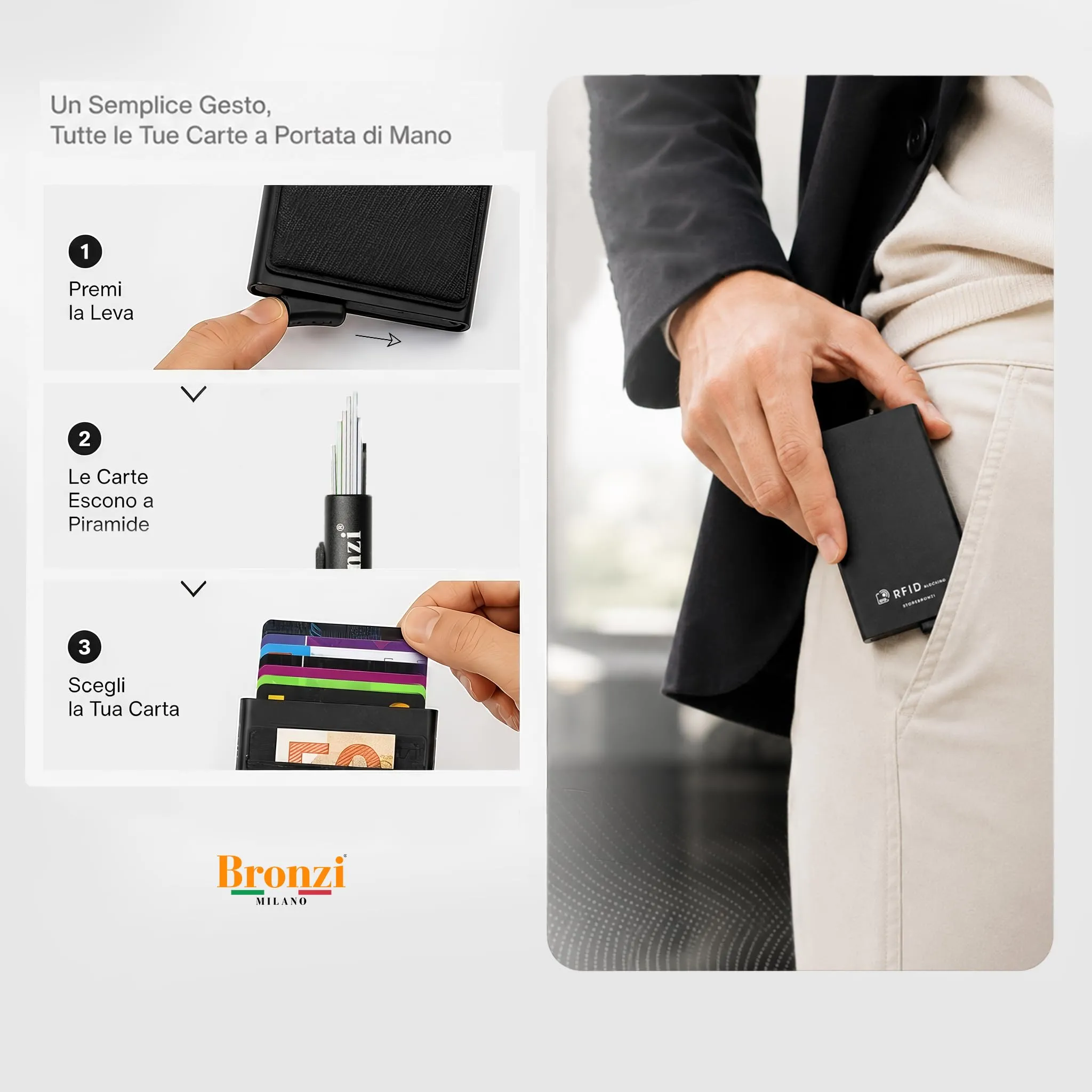 Bronzi Discovery Portafoglio Uomo Slim con Protezione RFID e Portamonete, Nero - immagine 3