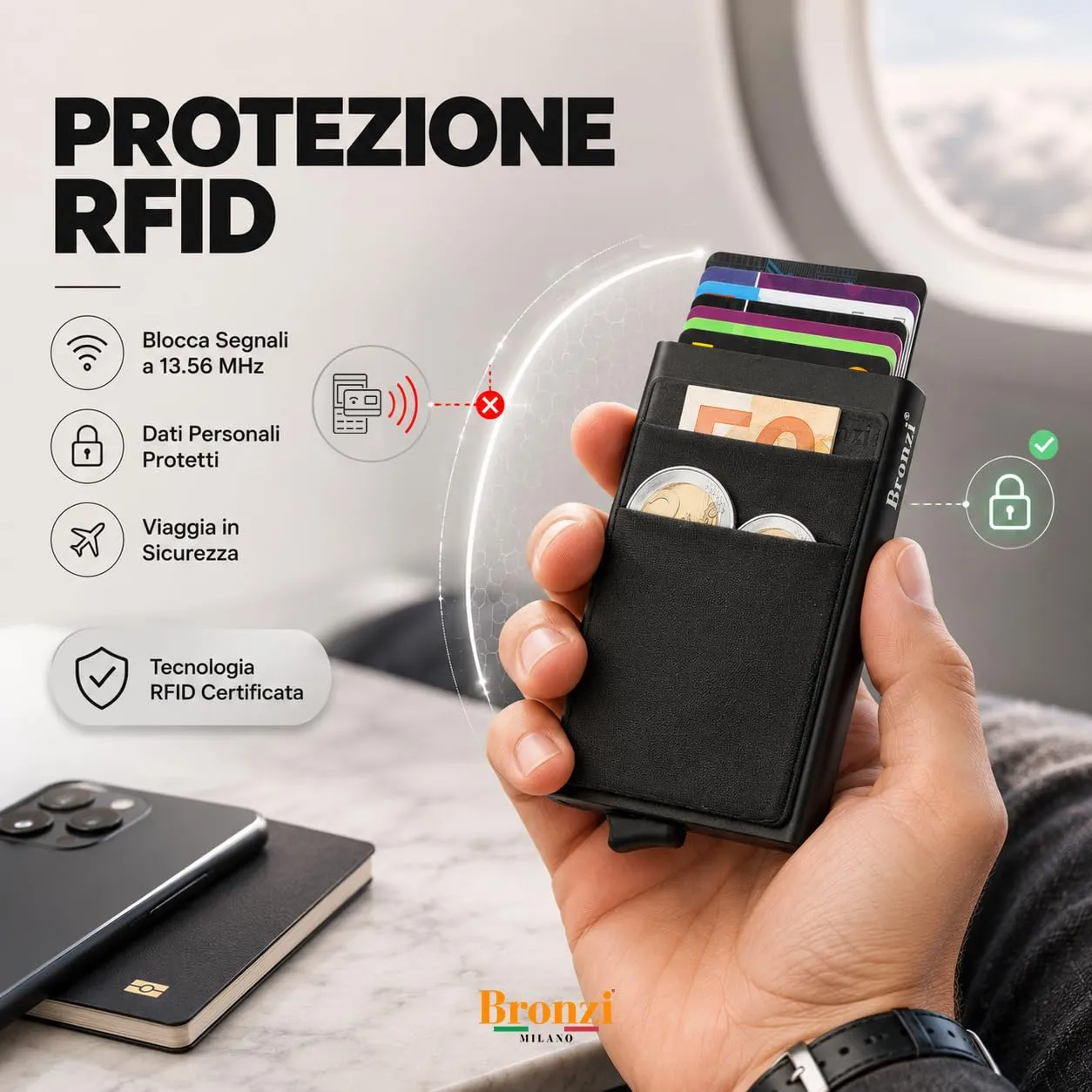 Bronzi Discovery Portafoglio Uomo Slim con Protezione RFID e Portamonete, Nero - immagine 4