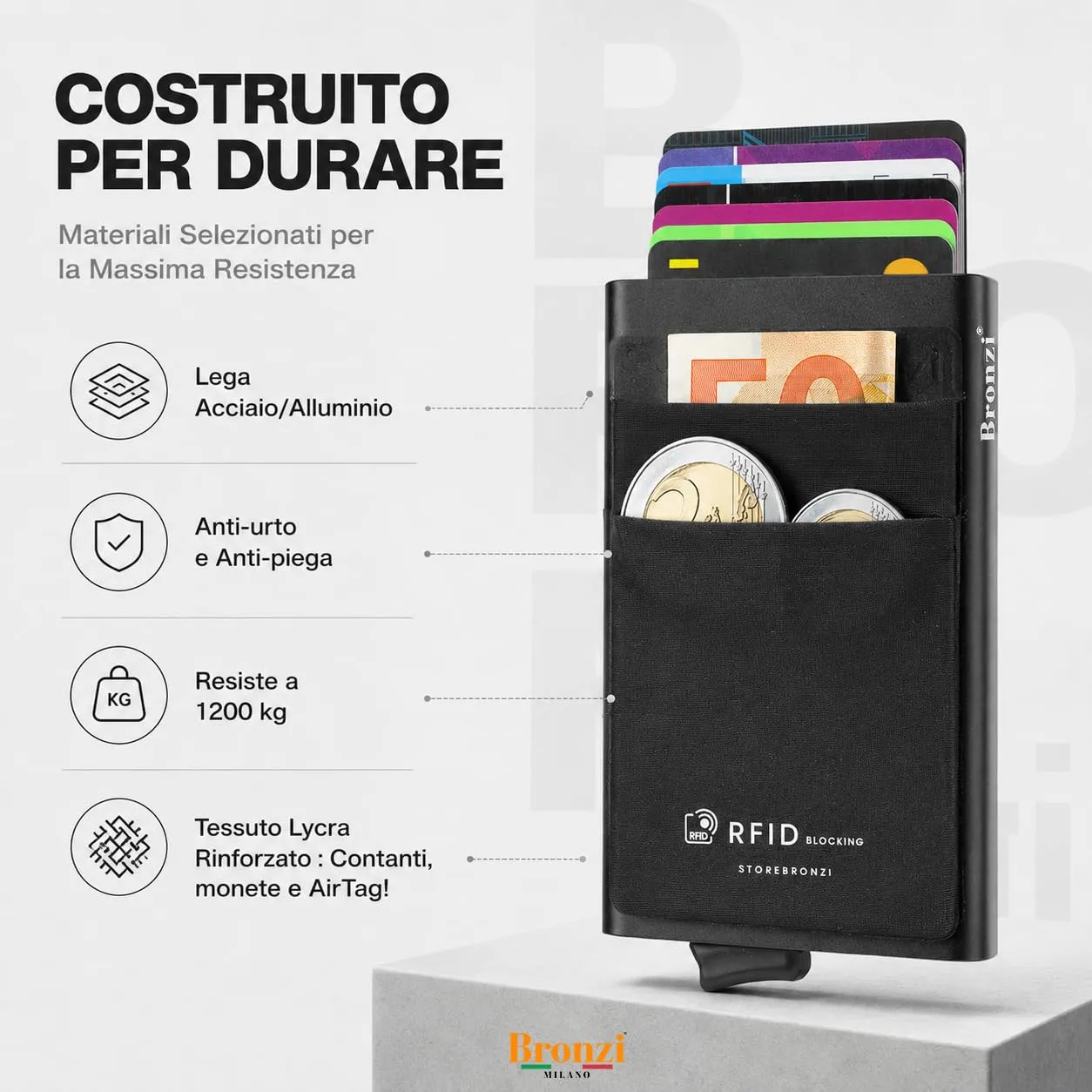 Bronzi Discovery Portafoglio Uomo Slim con Protezione RFID e Portamonete, Nero - immagine 5