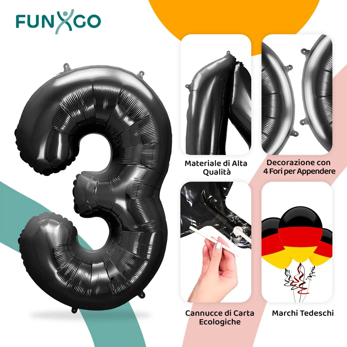FUNXGO Palloncino Numero 3 Nero per Compleanno - immagine 3