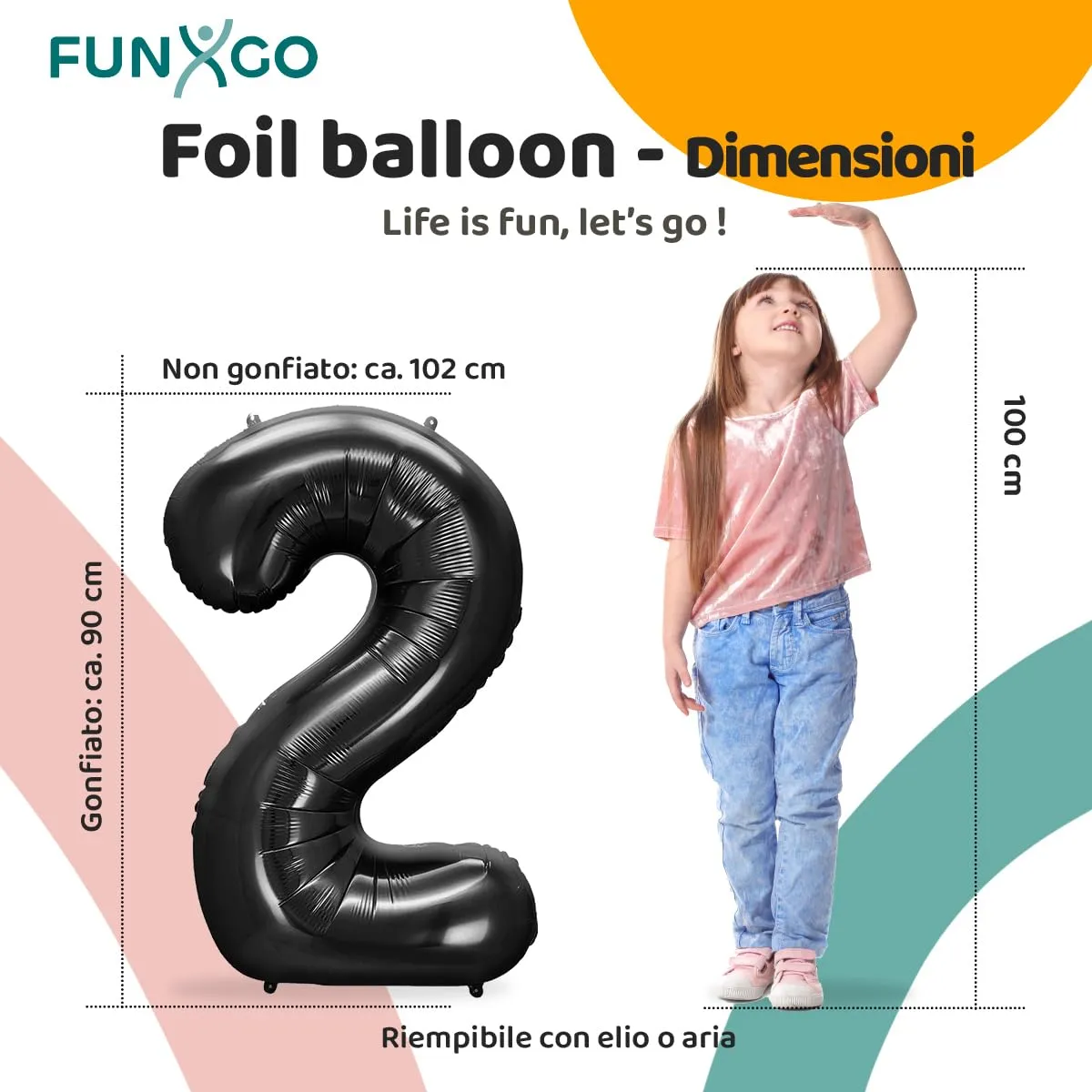 FUNXGO Palloncino Numero 2 Nero per Compleanno - immagine 2