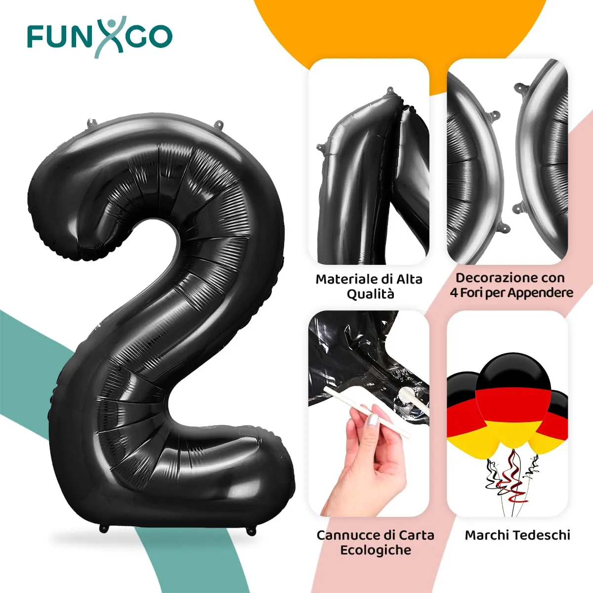 FUNXGO Palloncino Numero 2 Nero per Compleanno - immagine 3