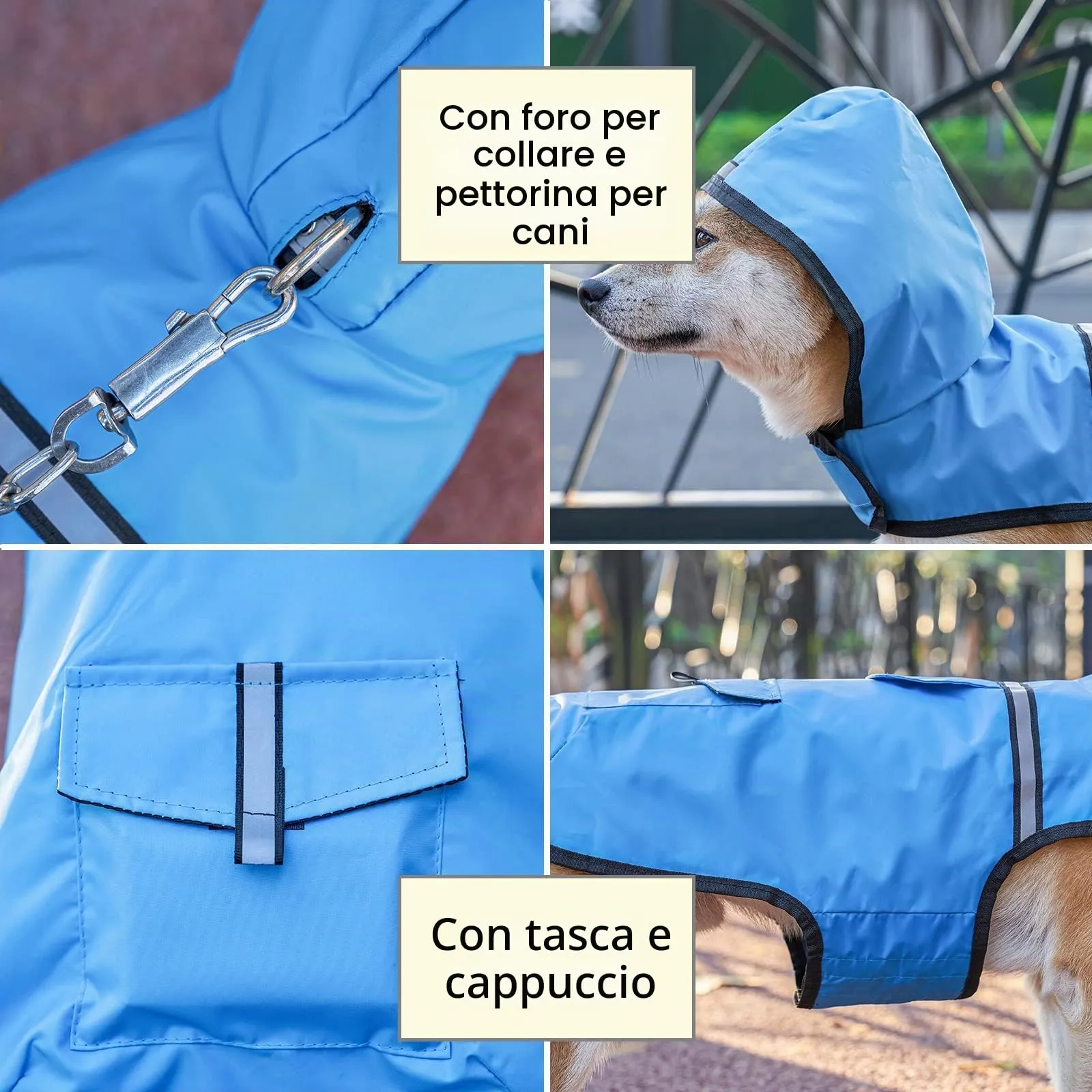 KoKoBin Giacca Impermeabile Riflettente per Cani con Cappuccio, Blu, L - immagine 3