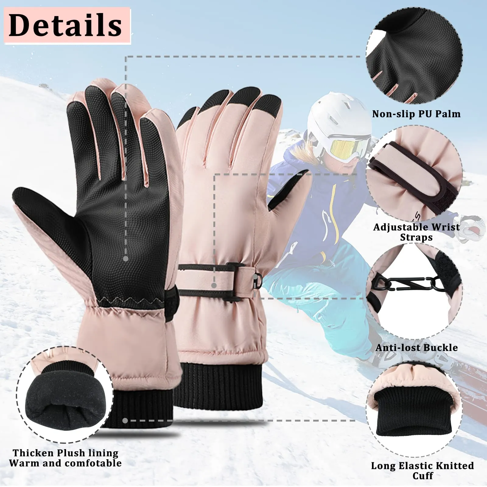 Andiker Guanti da Sci Invernali Donna Touchscreen Impermeabili e Antivento, Rosa Nero - immagine 3