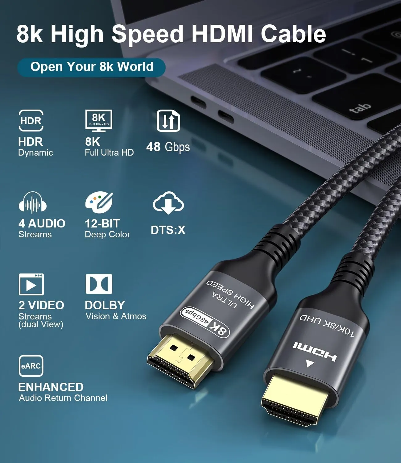 Adauxter Cavo HDMI 2.1 0.5m, 10K 8K 4K Ultra Elevata Velocità - immagine 6