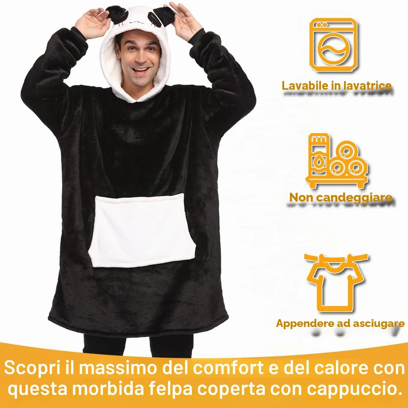 LATH.PIN Coperta da Divano Panda con Cappuccio e Maniche, Felpone Oversize Unisex con Tasca - immagine 2
