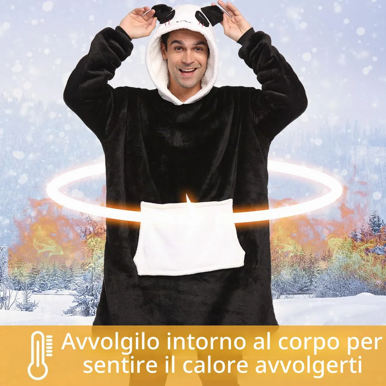 LATH.PIN Felpa a maglione con cappuccio a forma di panda unisex in flanella e pile, taglia L - immagine 7