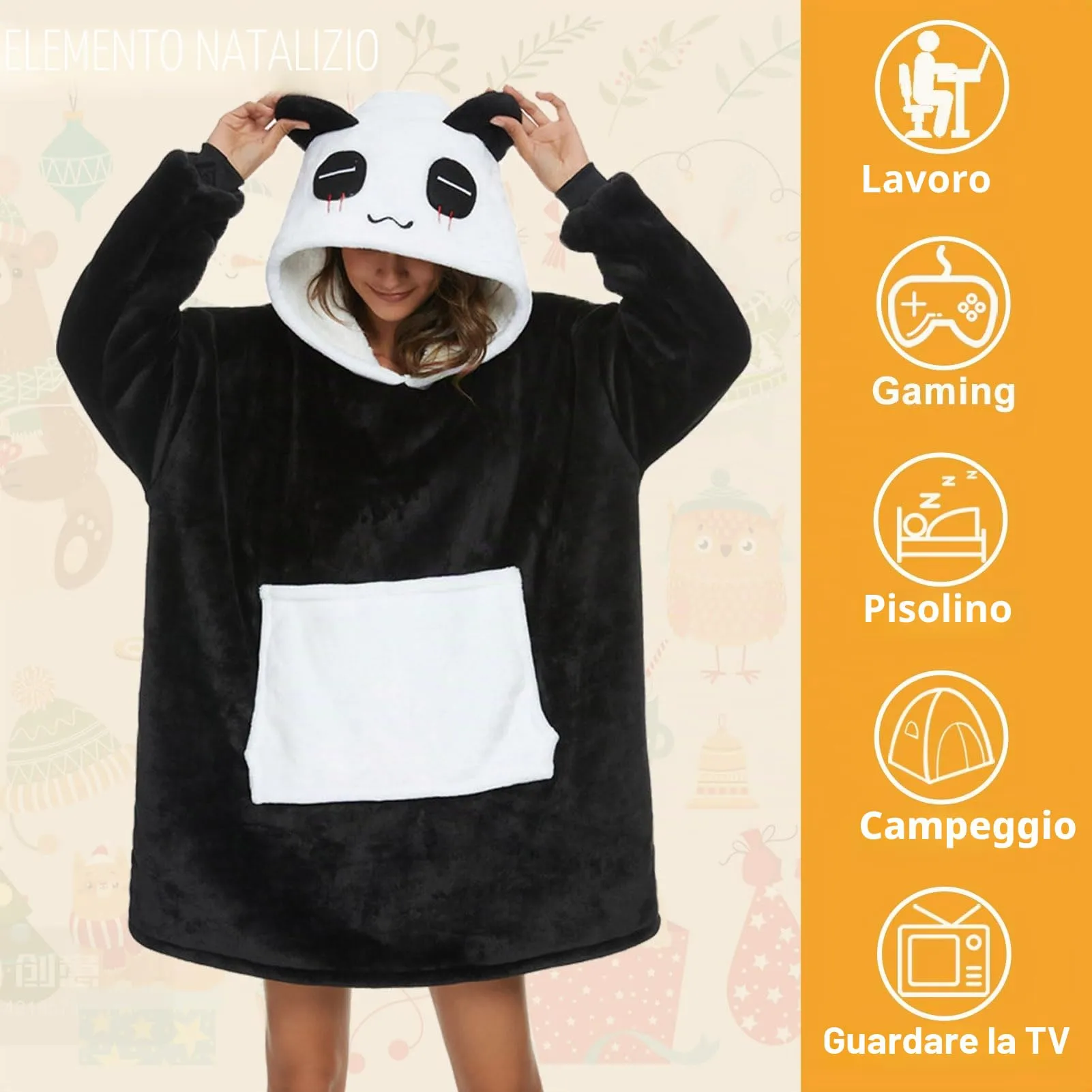 LATH.PIN Coperta da Divano Panda con Cappuccio e Maniche, Felpone Oversize Unisex Nero - immagine 4