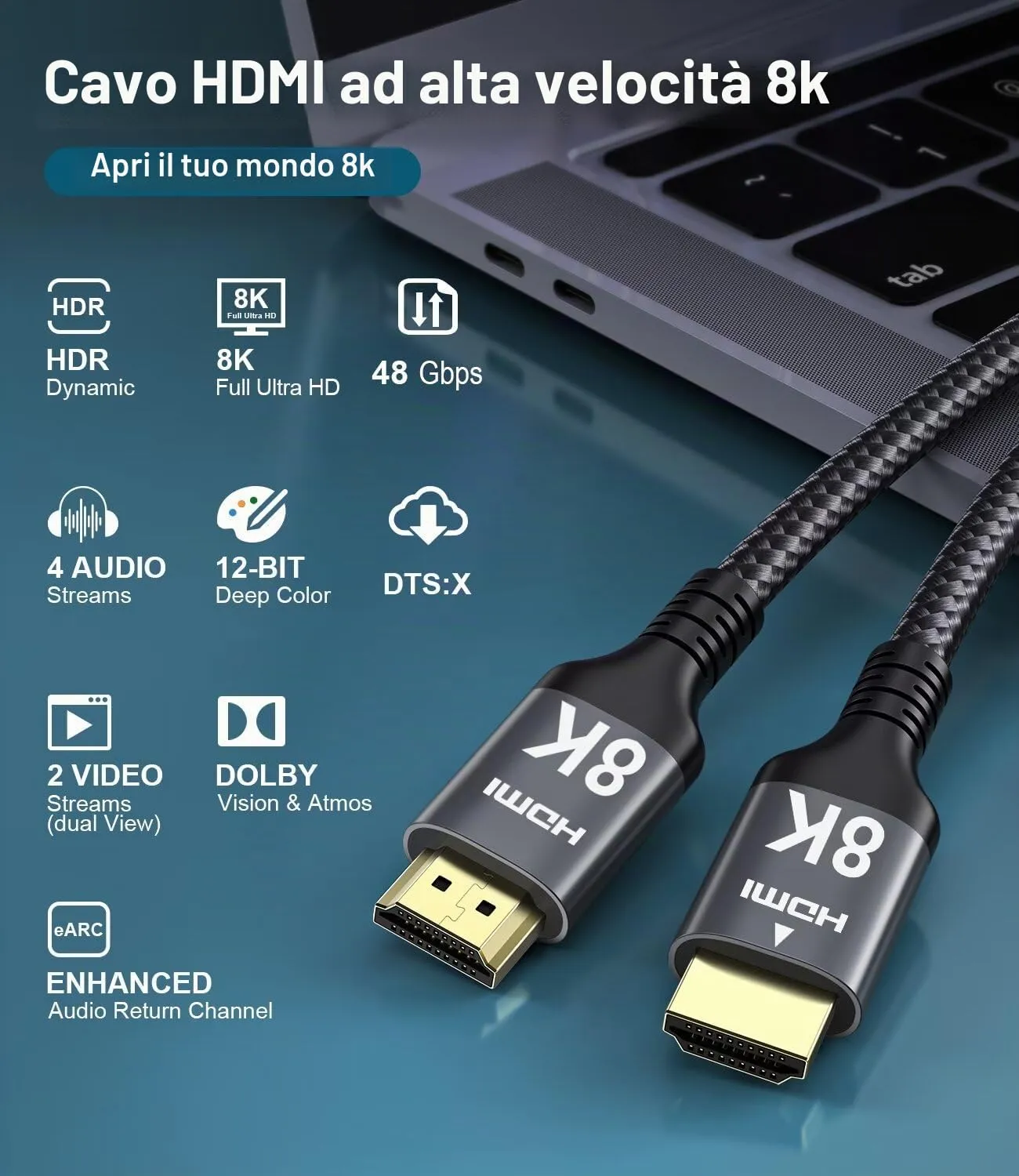 Adauxter Cavo HDMI 4K Alta Velocità 10m, Supporto Ethernet 60Hz, eARC, HDCP 2.3, HDR10+, Compatibile PC Laptop TV Monitor Proiettore PS5 Xbox - immagine 6