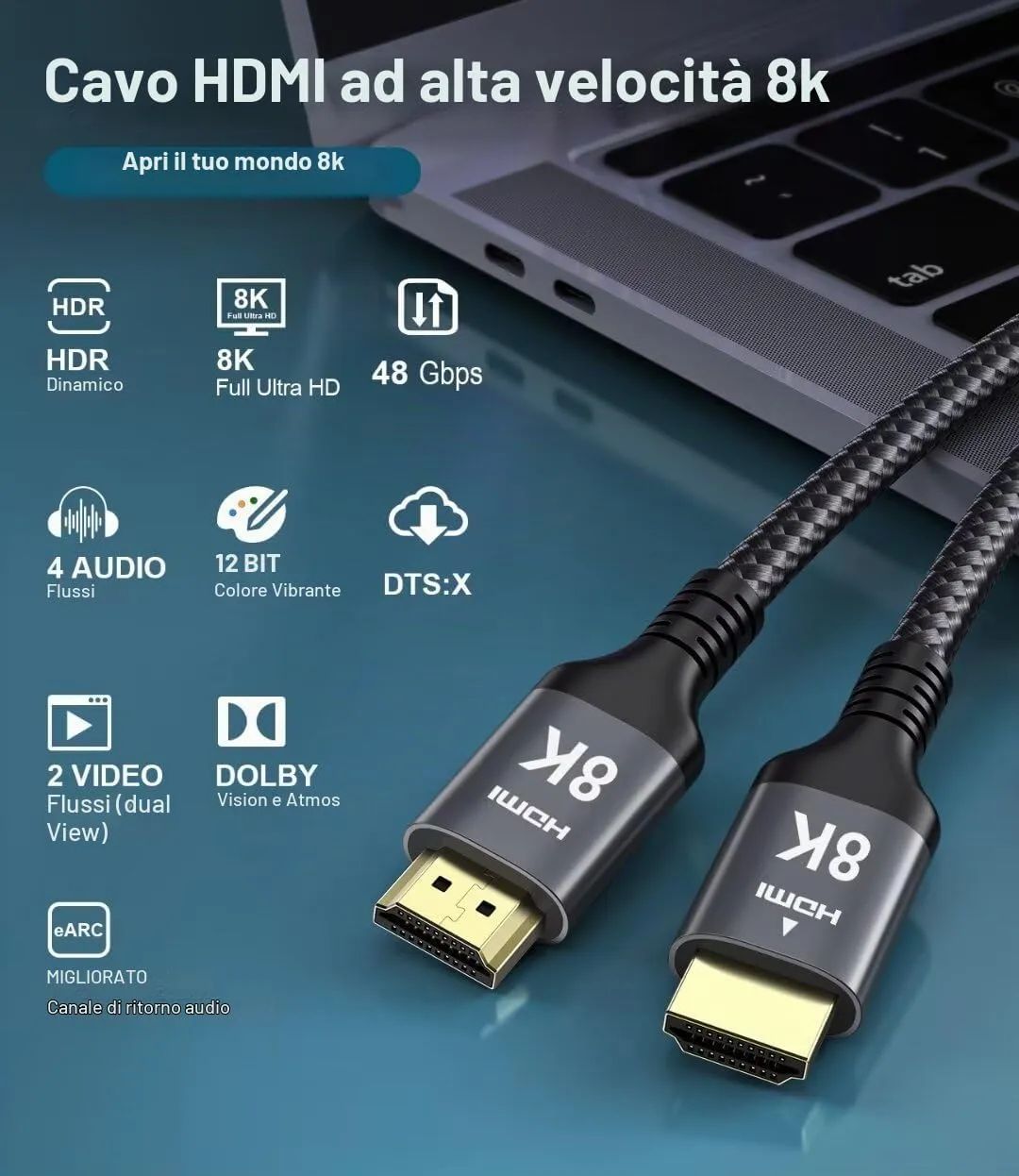 Adauxter Cavo HDMI 4K Alta Velocità 10m, Supporto Ethernet 60Hz, eARC, HDCP 2.3, HDR10+, Compatibile PC Laptop TV Monitor Proiettore PS5 Xbox - immagine 7