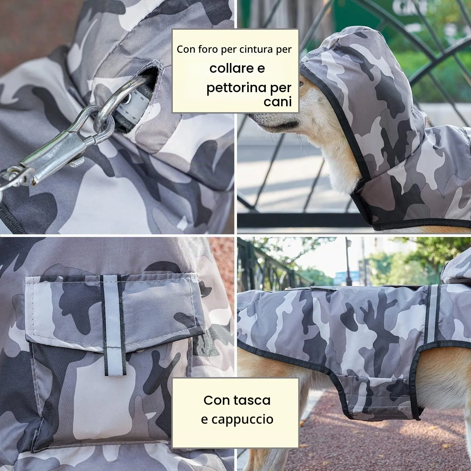 KoKoBin Giacca Impermeabile Riflettente per Cani con Cappuccio, Mimetico grigio, L - immagine 3