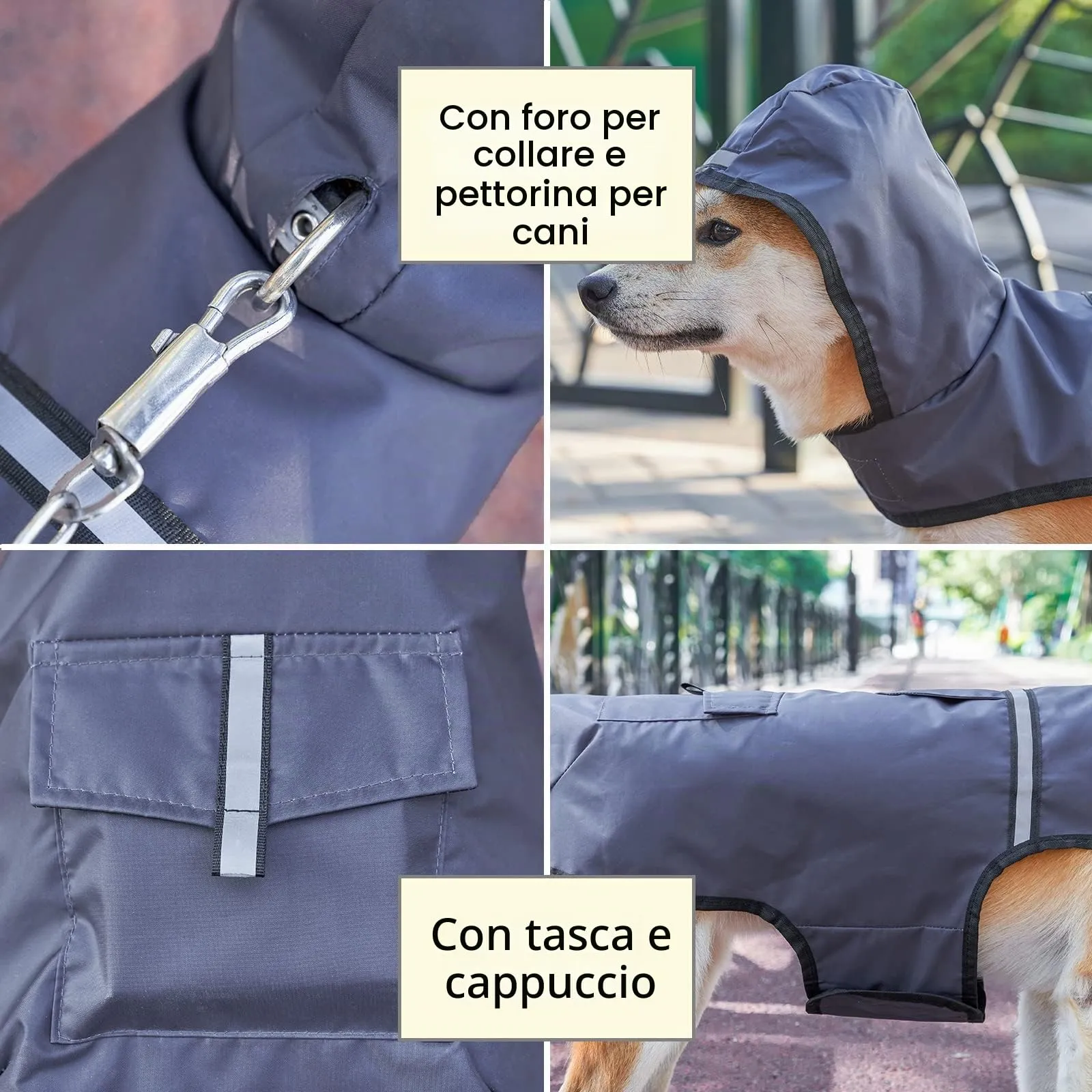 KoKoBin Giacca Impermeabile Riflettente per Cani con Cappuccio, Grigio, XL - immagine 3