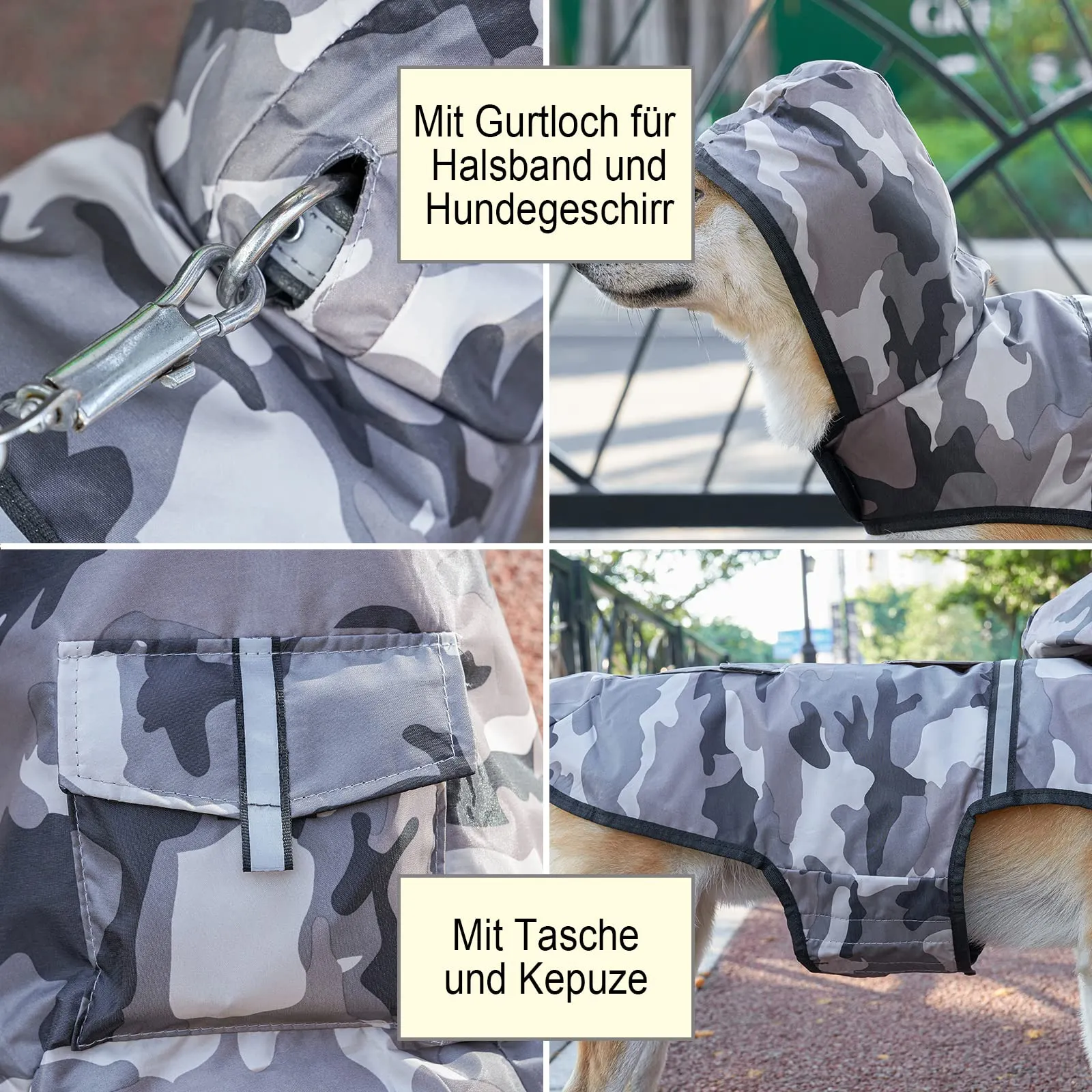 KoKoBin Giacca Impermeabile Riflettente per Cani con Cappuccio, Mimetico grigio, 2XL - immagine 3