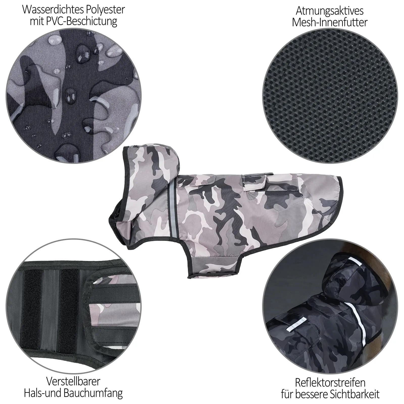 KoKoBin Giacca Impermeabile Riflettente per Cani con Cappuccio, Mimetico grigio, 2XL - immagine 4