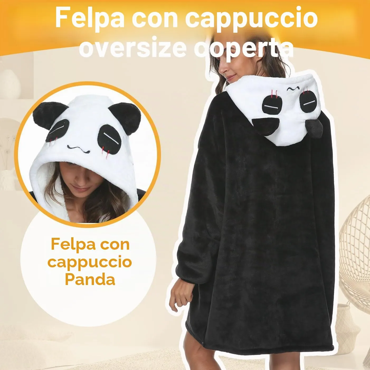 LATH.PIN Felpa a maglione con cappuccio a forma di panda unisex in microfibra e flanella, M - Panda - immagine 4
