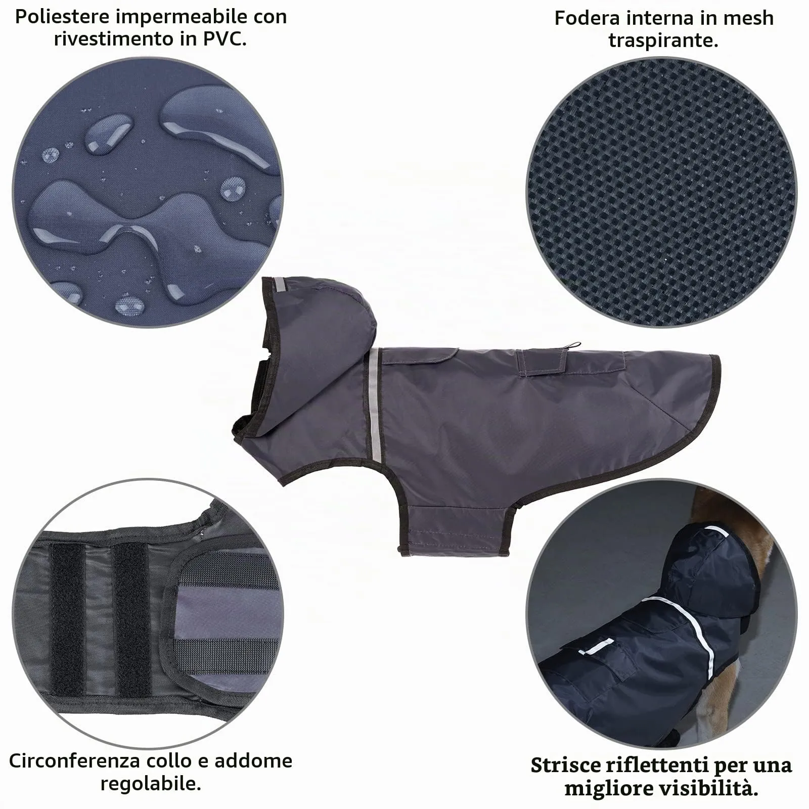 KoKoBin Giacca Impermeabile e Riflettente per Cani con Cappuccio, Grigio, M - immagine 4