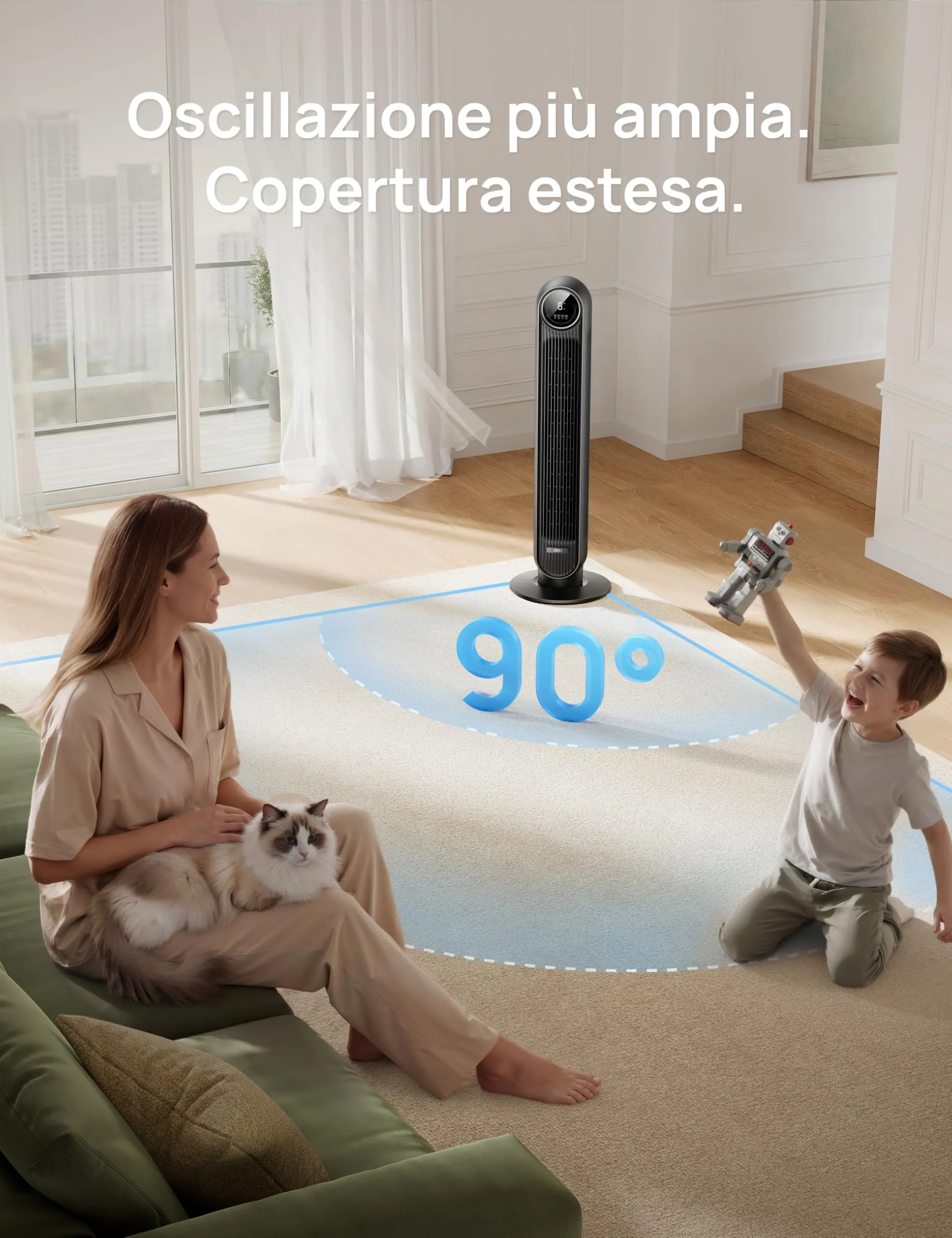 Dreo DR-HTF007 Ventilatore a Torre Silenzioso con Telecomando, 4 Modalità, 4 Velocità, Oscillazione 90°, Timer 8h, Schermo LED - immagine 4