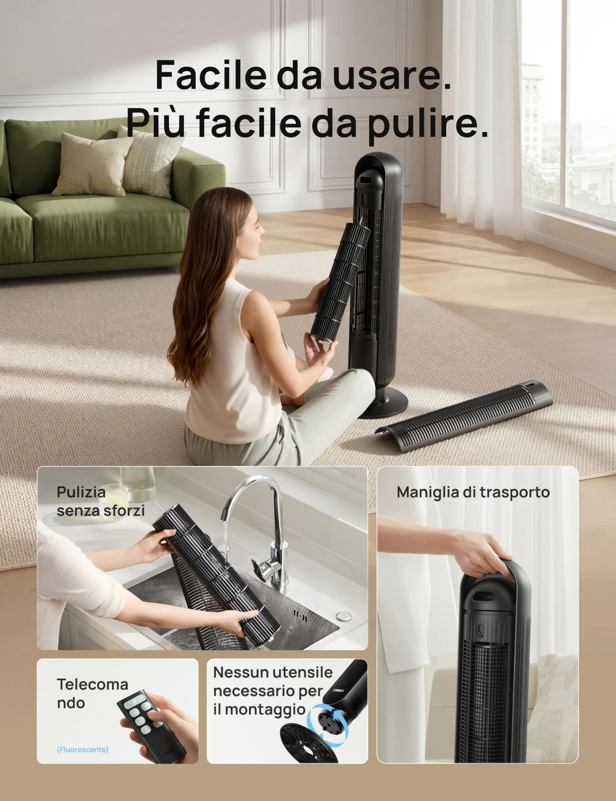 Dreo DR-HTF007 Ventilatore a Torre Silenzioso con Telecomando, 4 Modalità, 4 Velocità, Oscillazione 90°, Timer 8h, Schermo LED - immagine 5