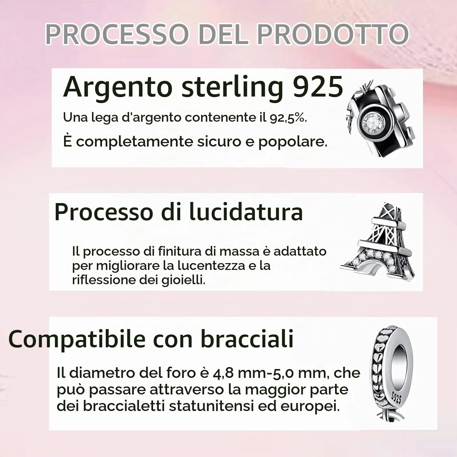 LNQOBU Ciondolo Charm Bead in Argento Sterling 925 con Zircone 5A per Bracciali e Collane Europei da Donna - immagine 4