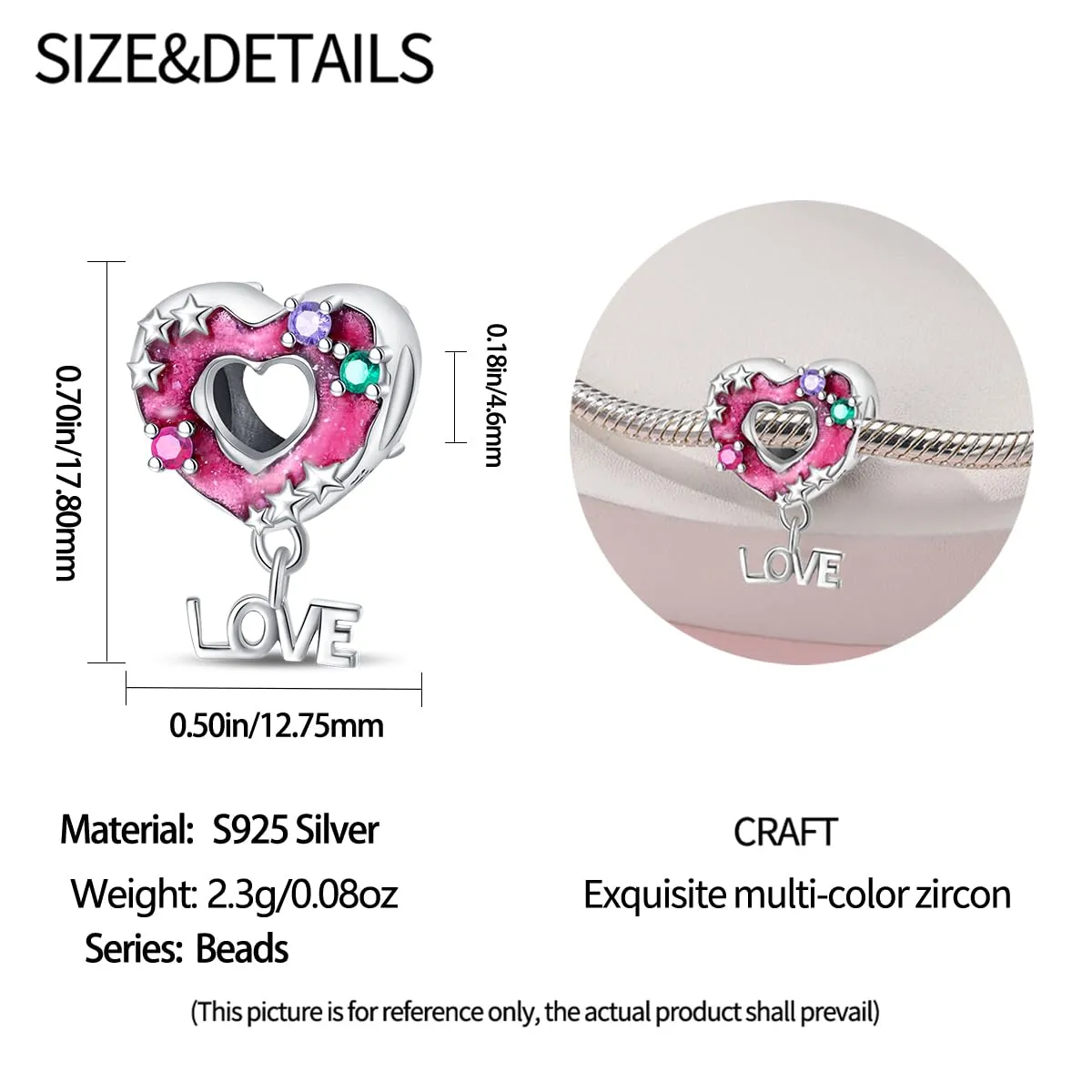 KUNSIR Bead Charm Ciondolo Argento Sterling 925 con Cubic Zirconia per Braccialetti e Collane Europei - immagine 5