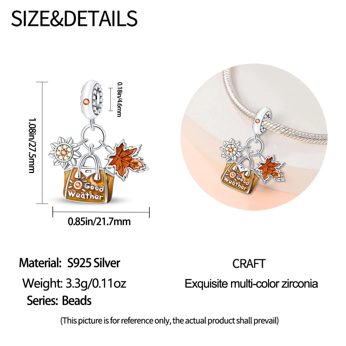KUNSIR Bead Charm in Argento Sterling 925 con Cubic Zirconia, Compatibile con Braccialetti e Collane Europei - immagine 5