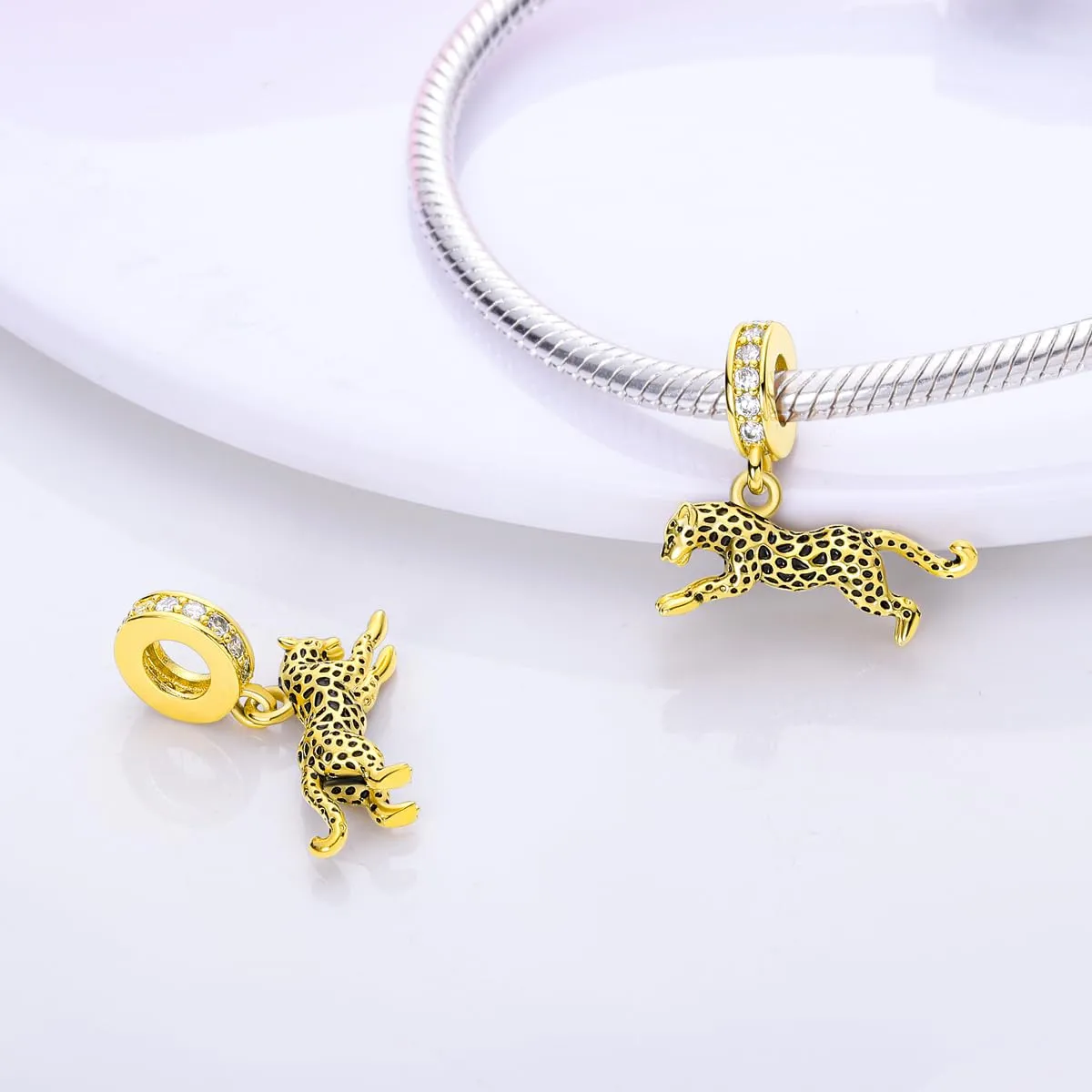 NUJIFFY Ciondole Animale in Argento Sterling 925 Leopardo Dorato Bead Charms - immagine 2