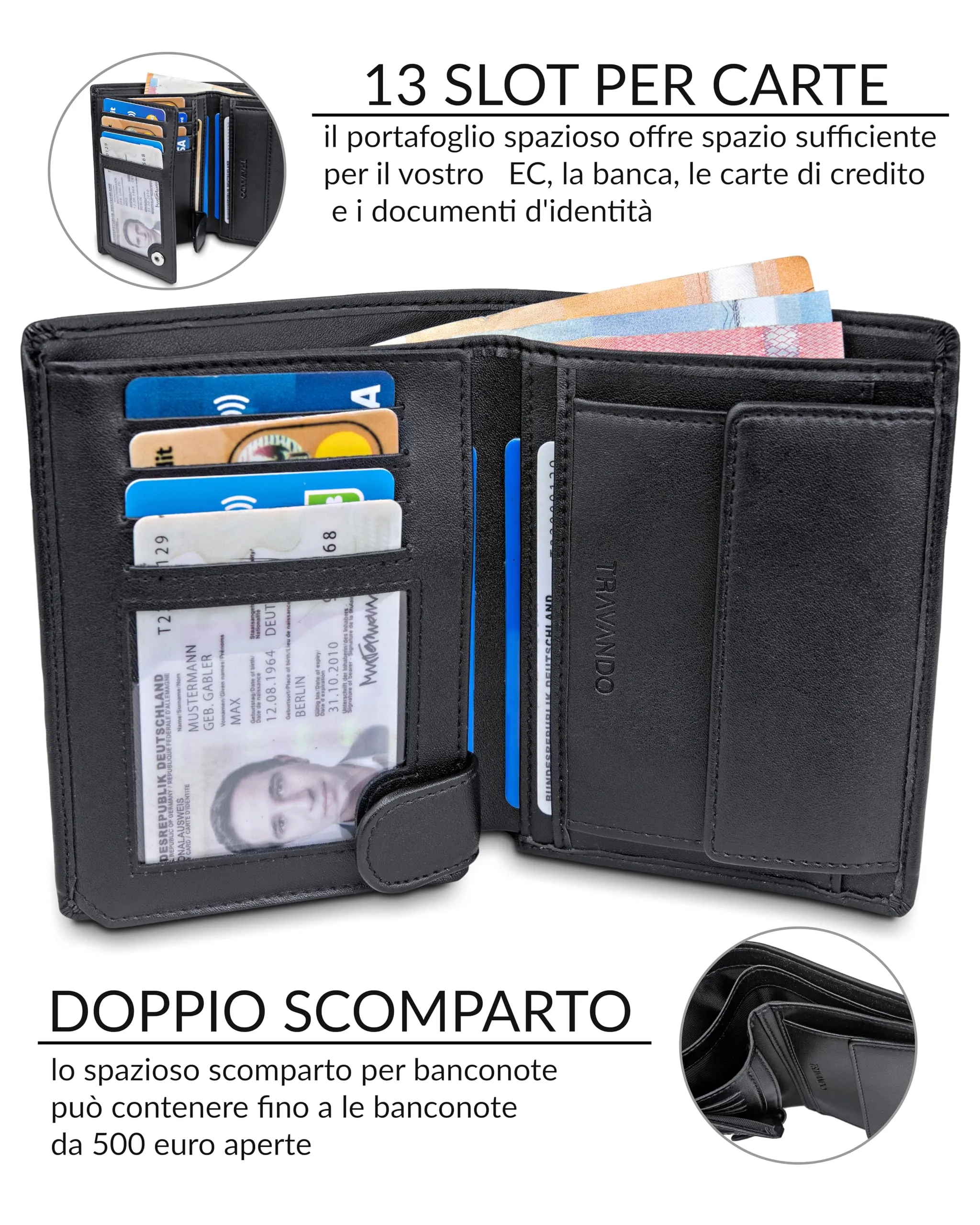 TRAVANDO Portafoglio Uomo Roma con protezione RFID - Porta Carte di Credito e Portamonete Verticale (Nero) - immagine 2