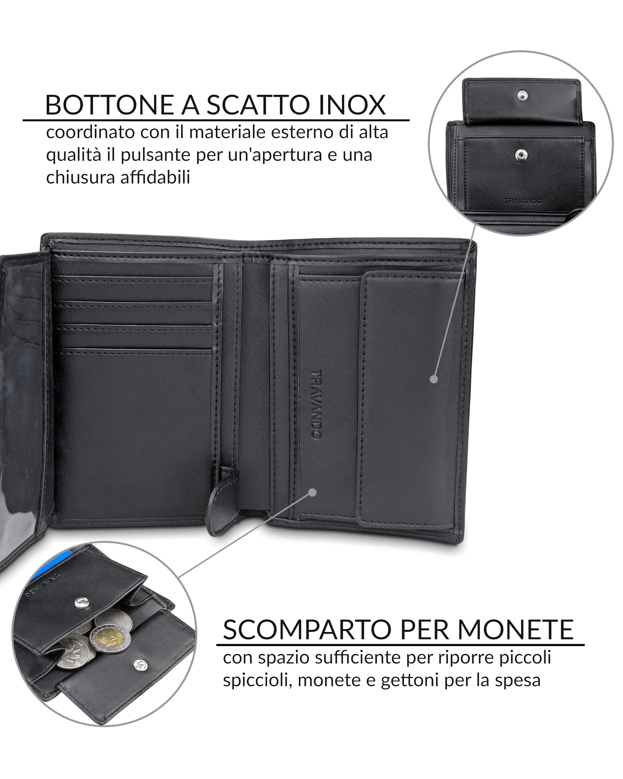 TRAVANDO Portafoglio Uomo Roma con protezione RFID - Porta Carte di Credito e Portamonete Verticale (Nero) - immagine 4