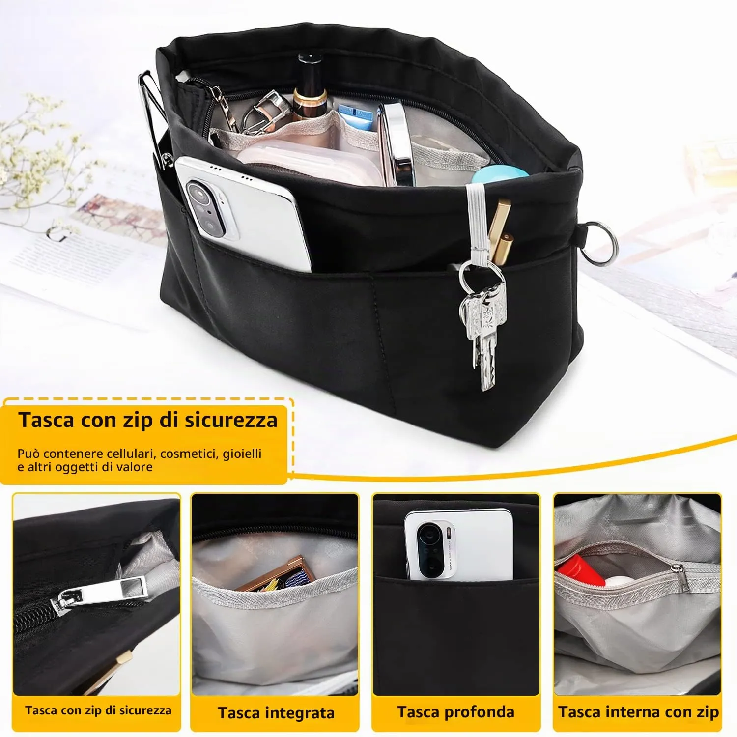 SUPRBIRD Organizzatore Borsa Donna in Nylon con Zip e Portachiavi, Nero (L) - immagine 3