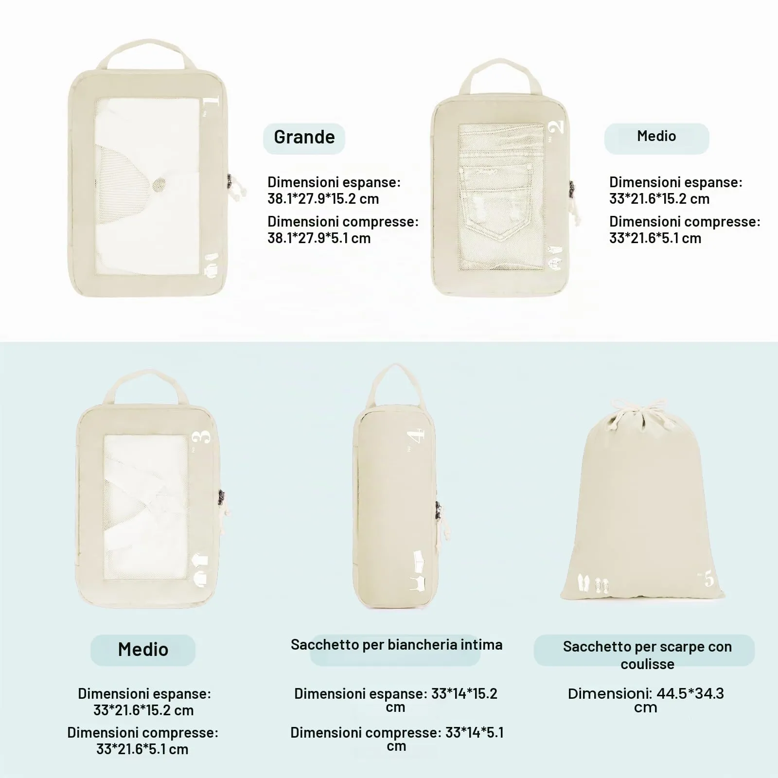 ECOHUB Organizer Valigia Compressione Set 5 Pezzi Packing Cubes Beige - immagine 2