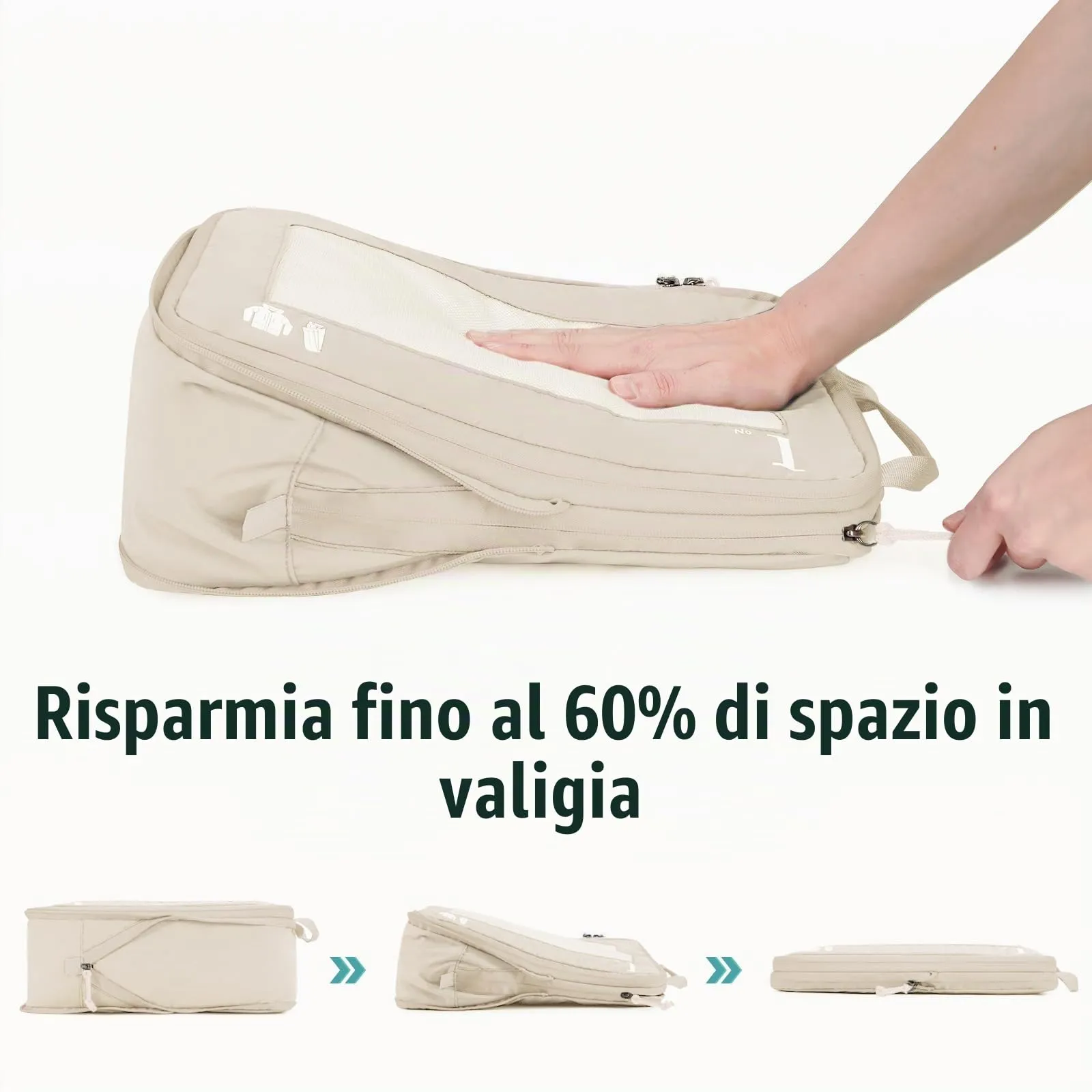 ECOHUB Organizer Valigia Compressione Set 5 Pezzi Packing Cubes Beige - immagine 3