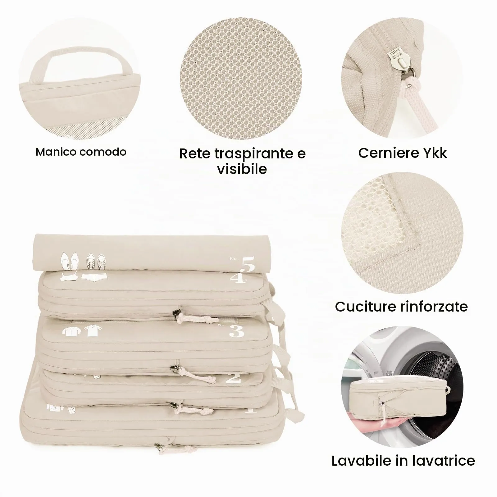 ECOHUB Organizer Valigia Compressione Set 5 Pezzi Packing Cubes Beige - immagine 6