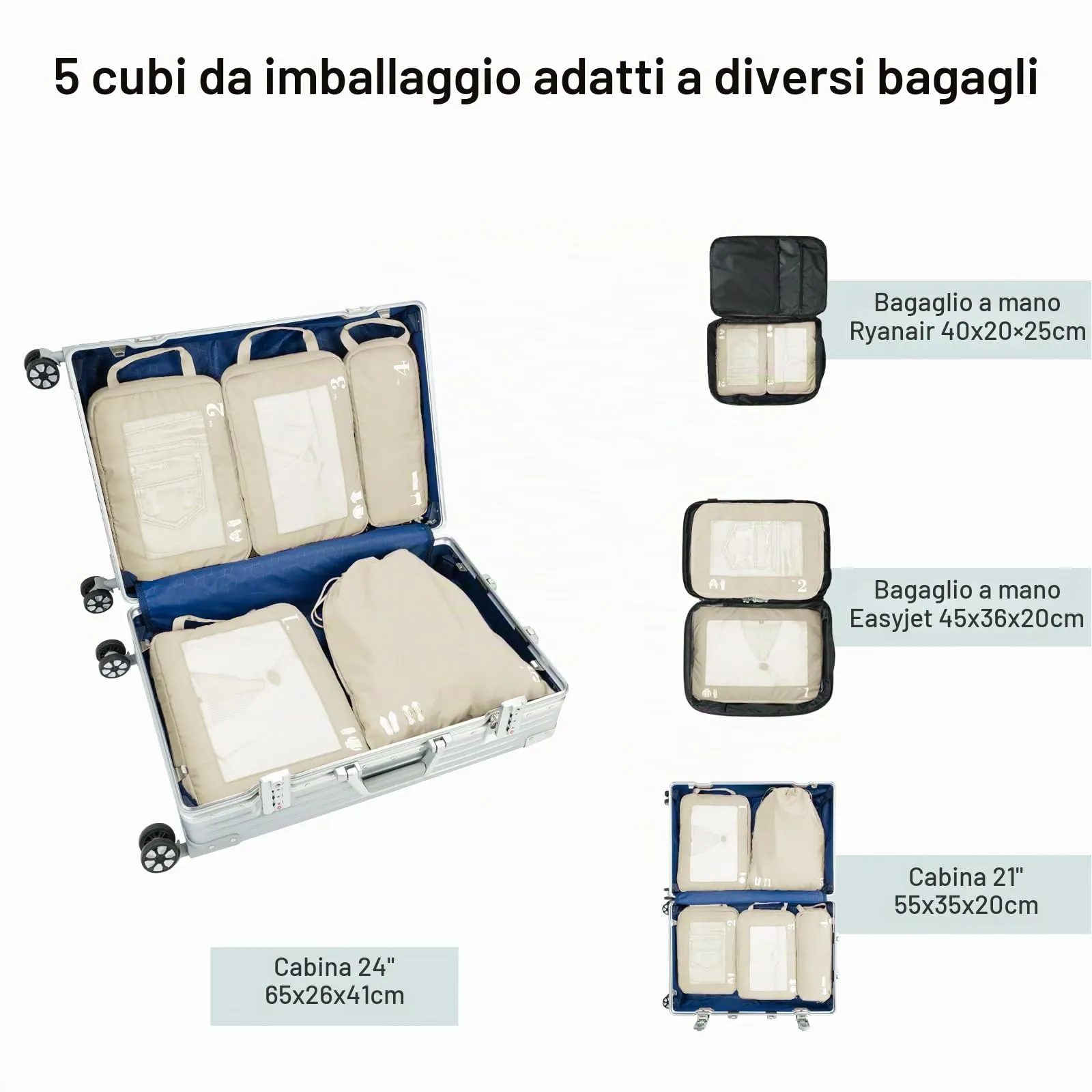 ECOHUB Organizer Valigia Compressione Set 5 Pezzi Packing Cubes Beige - immagine 7