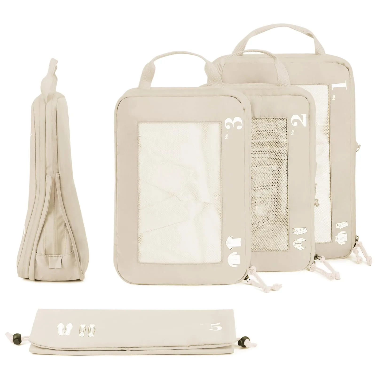 ECOHUB Organizer Valigia Compressione Set 5 Pezzi Packing Cubes Beige - immagine 9