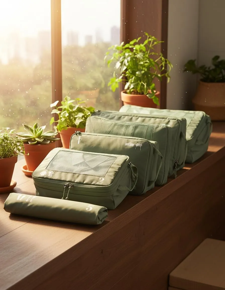 ECOHUB Set Organizzatore Valigia Compressione 5 Pezzi, Packing Cubes Verde - immagine 2