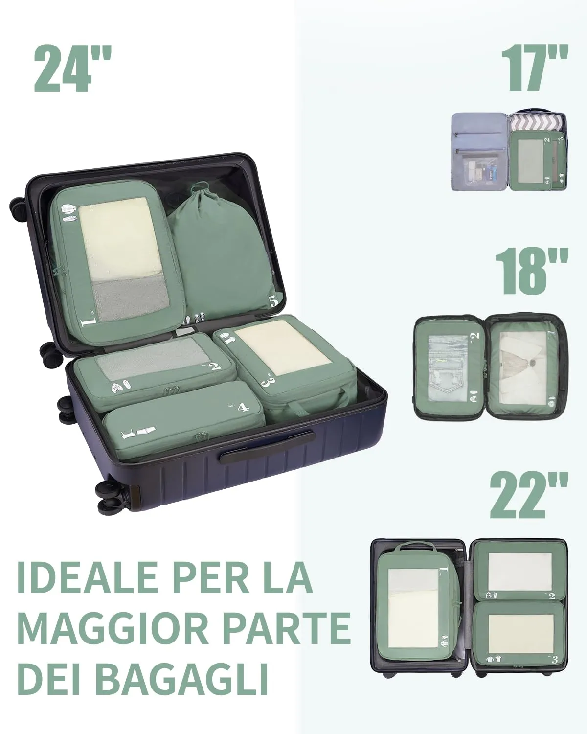 ECOHUB Set Organizzatore Valigia Compressione 5 Pezzi, Packing Cubes Verde - immagine 8