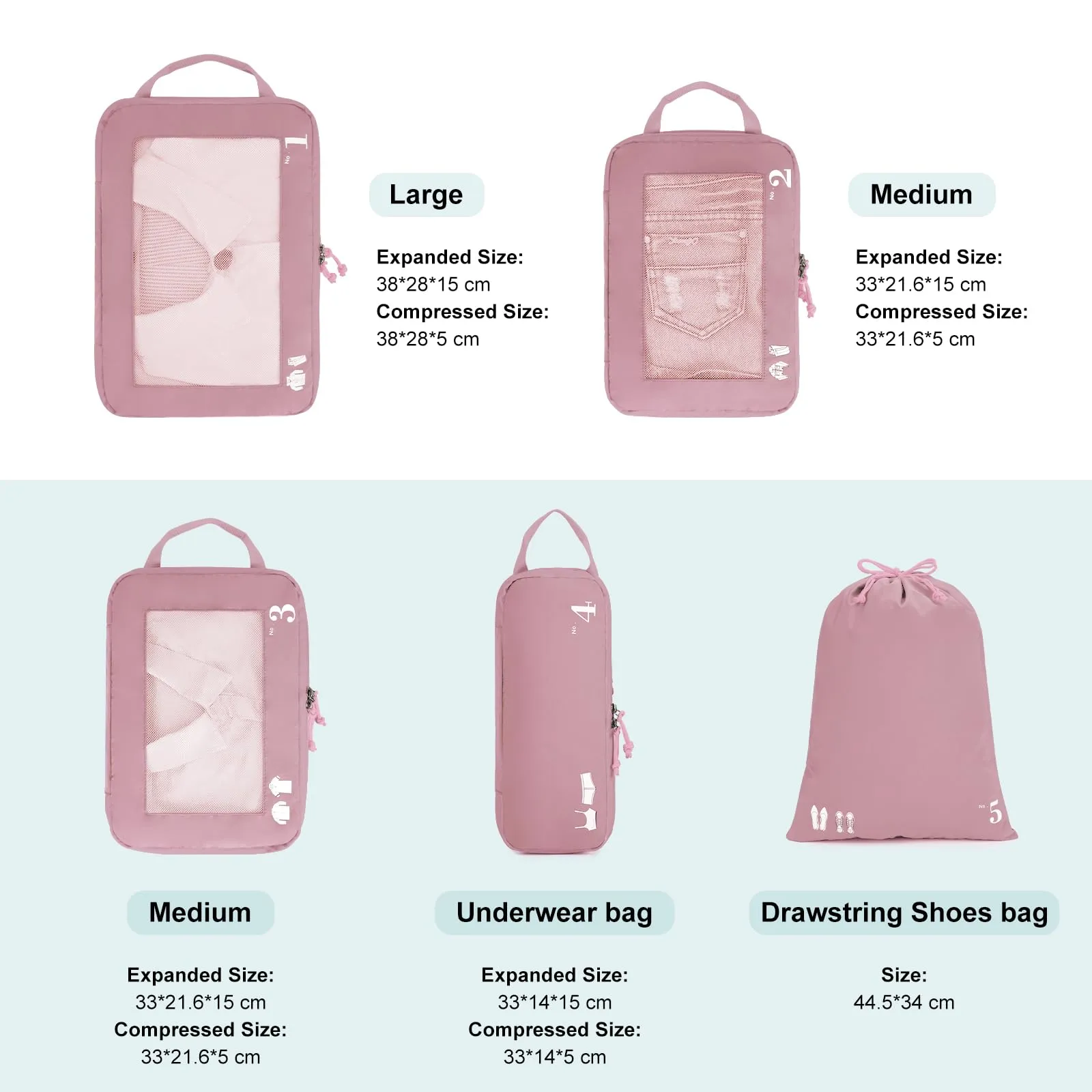 ECOHUB Organizer Valigia Compressione 5 Pezzi, Packing Cubes Set per Viaggio (Rosa) - immagine 2