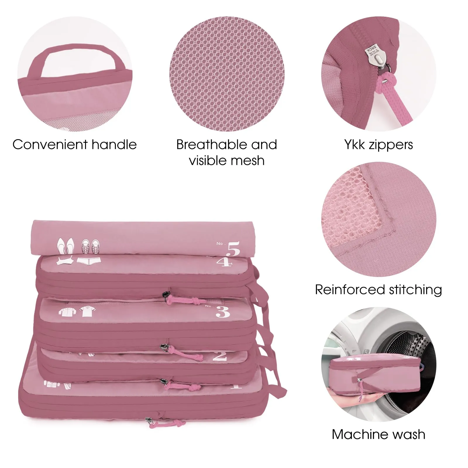 ECOHUB Organizer Valigia Compressione 5 Pezzi, Packing Cubes Set per Viaggio (Rosa) - immagine 6