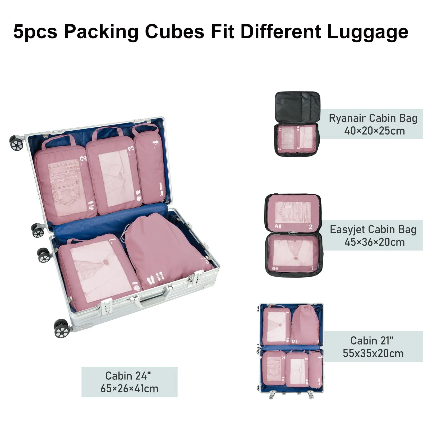 ECOHUB Organizer Valigia Compressione 5 Pezzi, Packing Cubes Set per Viaggio (Rosa) - immagine 7