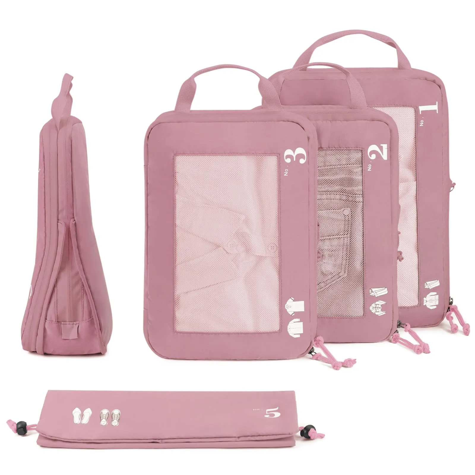ECOHUB Organizer Valigia Compressione 5 Pezzi, Packing Cubes Set per Viaggio (Rosa) - immagine 9