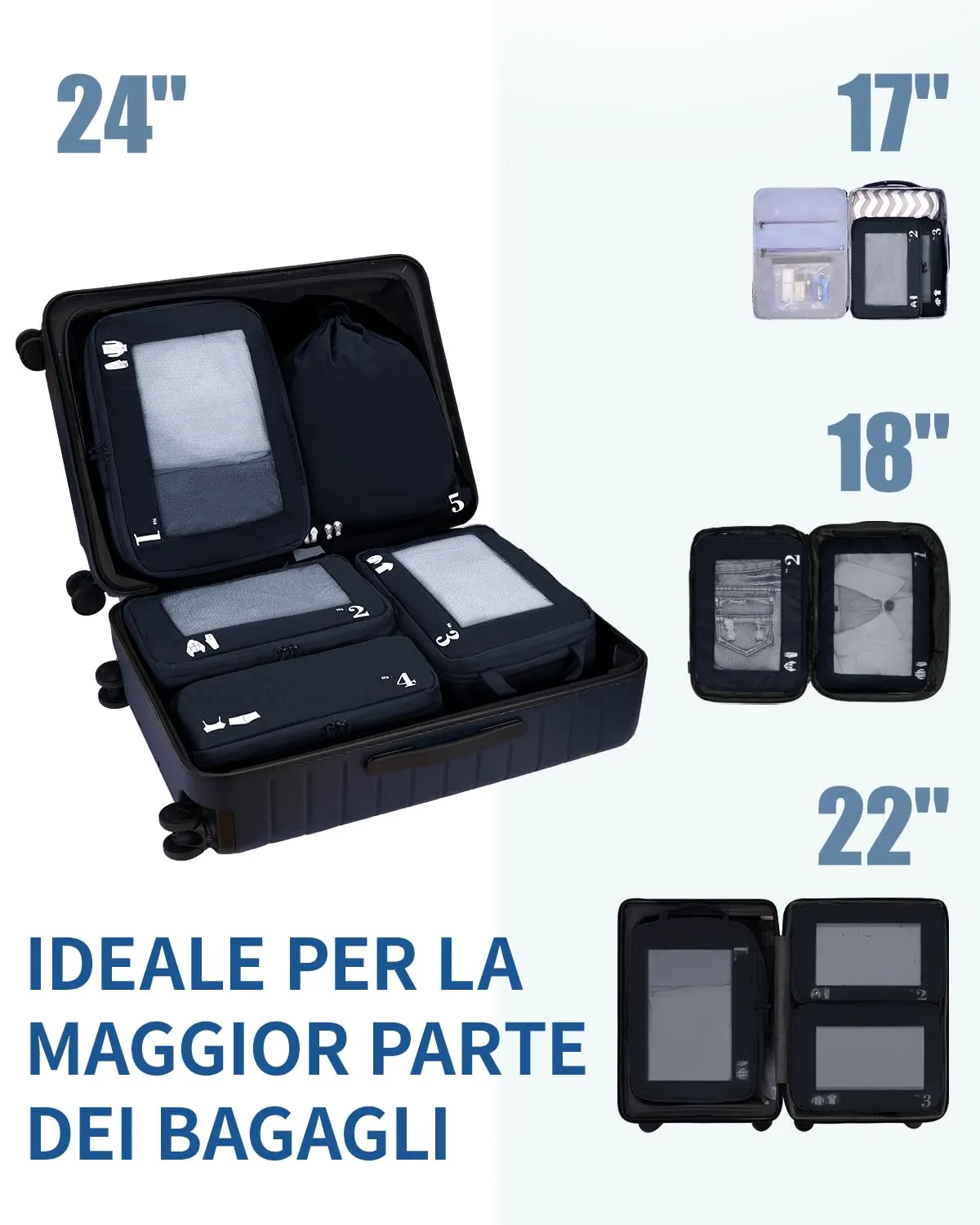 ECOHUB Set Organizer Valigia Compressione 5 Pezzi, Packing Cubes Blu Scuro - immagine 6