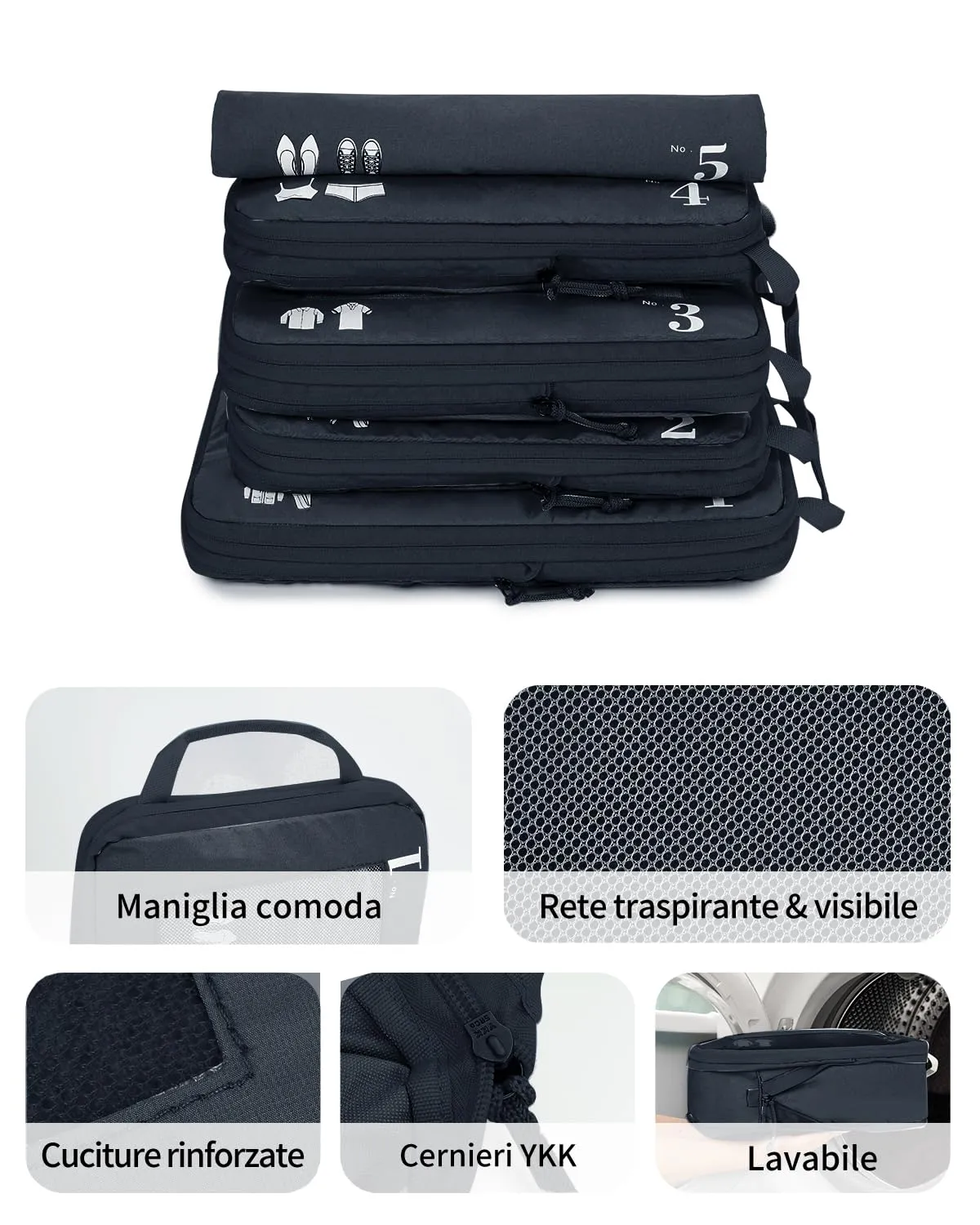 ECOHUB Set Organizer Valigia Compressione 5 Pezzi, Packing Cubes Blu Scuro - immagine 7